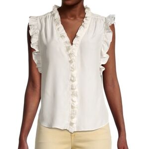 Frame Lauren Ruffle-Trim Silk Sleeveless V-neck Button Top In Off White Small